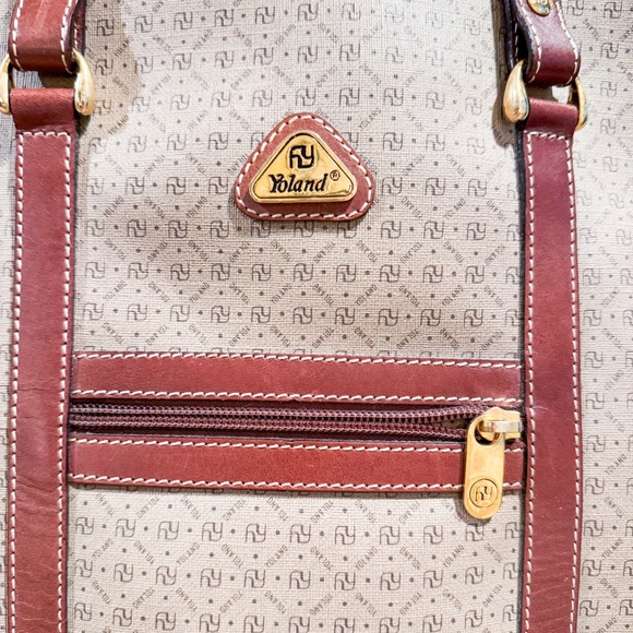 Yoland Monogram Coated Canvas Tote Brown Tan Leather Weekender Large - Picture 7 of 11